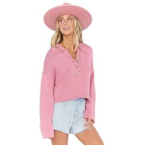 Show Me Your Mumu Pink‎ Knit Cropped Crawford Collared Sweater - Size L
